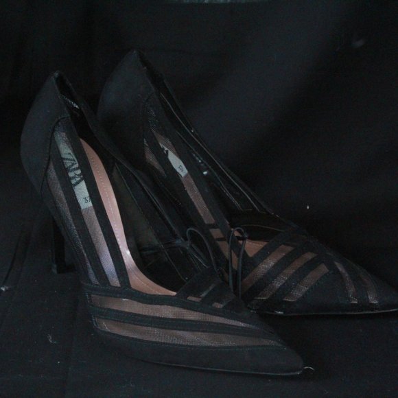 NEW ZARA CLASSIC ELEGANT BLACK MESH POINTED TOE STILETTO HEELS PUMPS - Picture 3 of 6